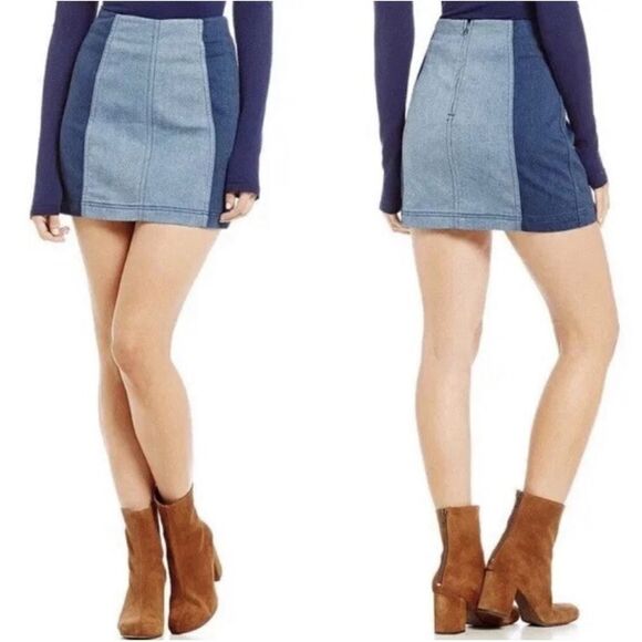Free People Two Tone Multi Panel Stretch Denim Zip Back Mini Skirt.Womens. Sz 2 - Picture 2 of 10
